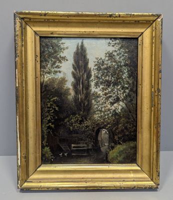 un vieux tableau représentant un homme assis sur un banc dans un parc