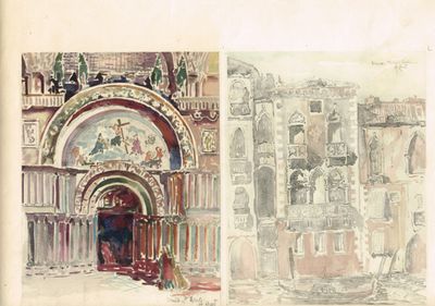 deux dessins représentant une église et un bâtiment avec une horloge