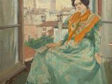 an image of a painting of a woman sitting on a window sill