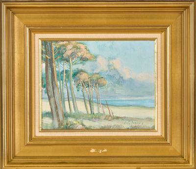 un tableau représentant une scène de plage avec des pins et un plan d'eau