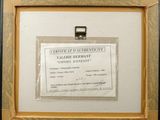 framed photograph of a certificate of authenticity in a wooden frame