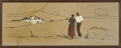 painting of a man and a woman standing in front of a house