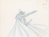 drawing of a woman in a long dress holding a sword