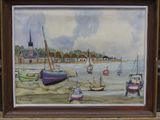 a painting of boats on the water by a building