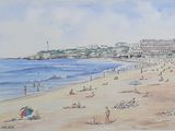 une peinture représentant une scène de plage avec des gens sur le sable