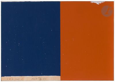 an orange and blue painting with a white background