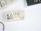 a keychain with a tag on it next to a pair of scissors and a pair of scissors