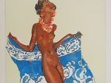 a painting of a woman in a blue and white dress