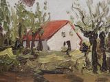 a painting of a windmill in the background of a field