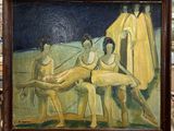 tableau représentant un groupe de nus dans une pièce aux murs en briques