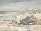 painting of a rocky beach with a lighthouse in the distance