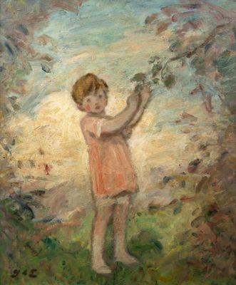une peinture à l'huile représentant une petite fille tenant une fleur à la main
