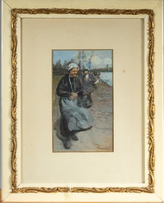 une image représentant un tableau où l'on voit un homme et une femme marchant dans une rue