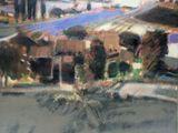 a painting of people at a market with umbrellas