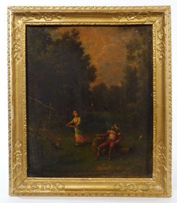 tableau représentant un homme et une femme dans un décor boisé