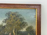 a painting of a giraffe and a man in a field