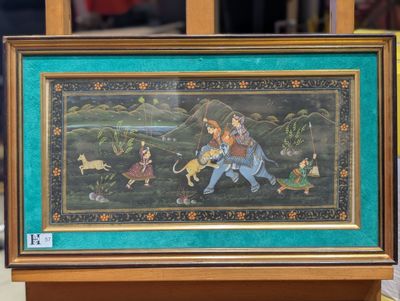 Lithographie sur satin de soie, La chasse au tigre - Dim à v…