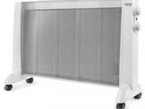 un radiateur électrique blanc sur roulettes, sur fond blanc