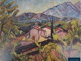 an image of a painting of a village with mountains in the background
