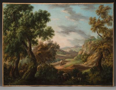 an oil painting of a landscape with cattle grazing in the foreground