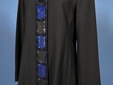 an image of a black coat with blue and black sequins on it