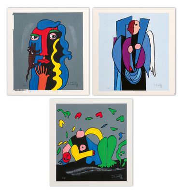 quatre tableaux encadrés représentant des personnes aux couleurs et aux formes variées