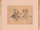 drawing of two men in hats and a woman in a dress
