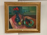 a painting on the wall of a room with a bowl of fruit and a vase of flowers