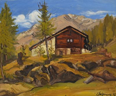 une peinture à l'huile représentant une cabane dans les montagnes, avec des arbres et des rochers
