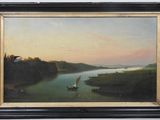 an oil painting of a sailboat on a river with a sunset in the background