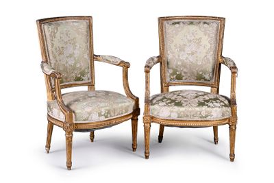 pair of louis xvi style carved wood armchairs with upholstered upholstered seats