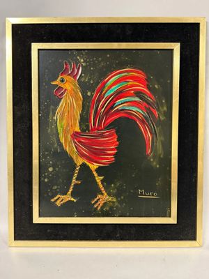tableau représentant un coq sur fond noir, dans un cadre doré