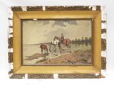 tableau représentant deux chevaux et un homme au bord d'une rivière
