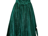 La robe verte est suspendue à un cintre sur un fond blanc.
