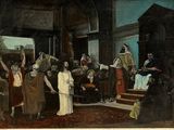 tableau représentant un groupe de personnes debout autour d'un homme tenant une épée