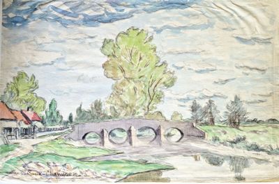 dessin représentant un tableau d'un pont sur une rivière, avec une maison en arrière-plan