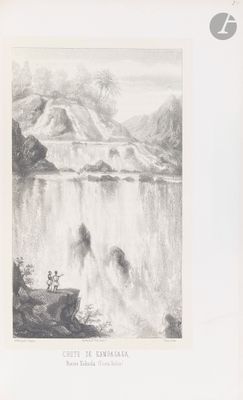 an old black and white drawing of a waterfall in the mountains
