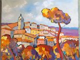 a painting of a village with a tree in the foreground