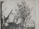 a black and white drawing of a boat in the water