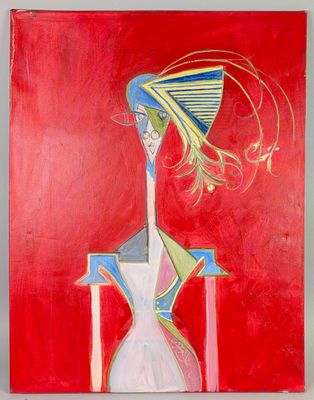 painting of a woman in a white dress with a blue and yellow hat