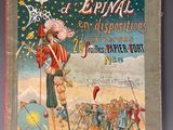 an old children ' s book with a picture of a man holding a sword in front of a crowd of people