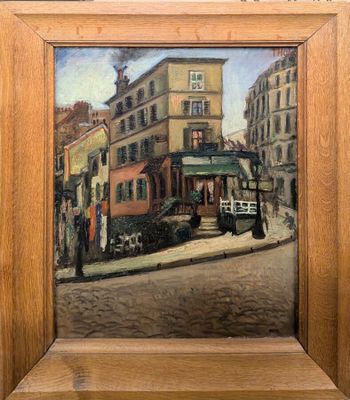 une peinture à l'huile représentant un tramway dans une rue de la ville, avec des immeubles en arrière-plan