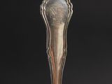 a close up of a spoon on a table with a black background