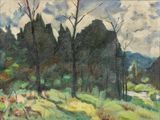 peinture représentant un paysage avec des arbres et un ruisseau au premier plan