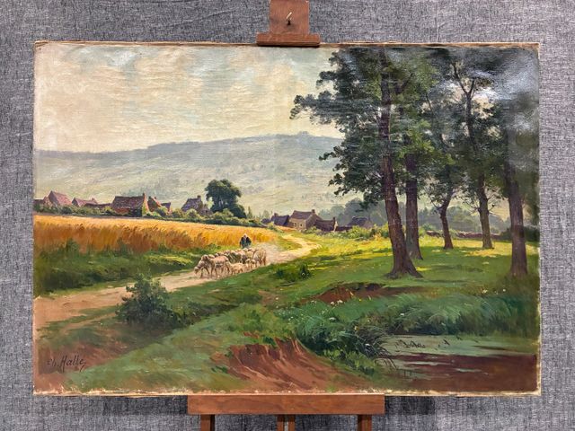 Charles HALLE (1867-1924) « Retour du troupeau au village ». Huil...