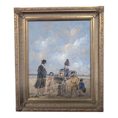 une peinture à l'huile représentant un groupe de personnes et un chien sur une plage