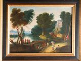 an oil painting of a landscape with people and horses by a river