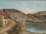 painting of a view of a village with a river and mountains in the background