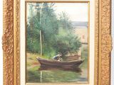an image of a painting of a man in a boat on a lake