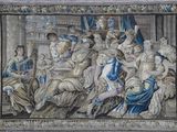 peinture d'un groupe de personnes assises autour d'une table dans une pièce